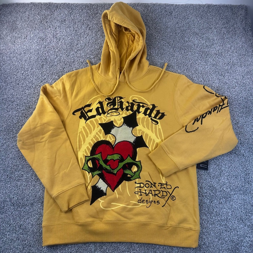 Ed Hardy Hoodie Men Large Rhinestone Heart Cross Snake Streetwear Y2K Tattoo Art